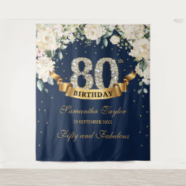 Tapiz Fondo de cumpleaños 80 Navy Gold Greenery Floral