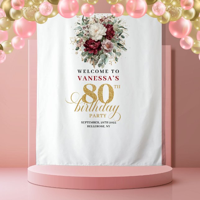 Tapiz Fondo de cumpleaños 80 Premium Blush Floral (Premium Blush Floral 80th Birthday Backdrop)