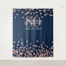 Fondo de cumpleaños 80 Rose Gold Navy Confetti