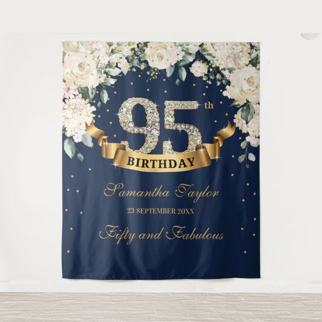 Tapiz Fondo de cumpleaños 95 Navy Gold Verde Floral (Anverso)