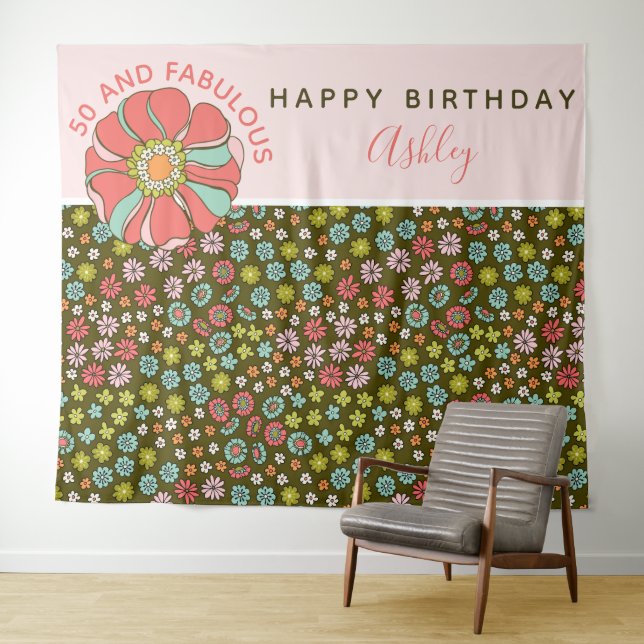 Tapiz Fondo de Cumpleaños con Flores Rosadas Groovy para (In situ (horizontal))