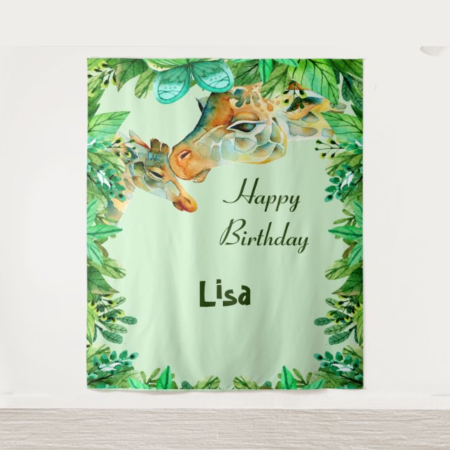 Tapiz Fondo de cumpleaños de mamá y bebé jirafas pintado (Anverso)