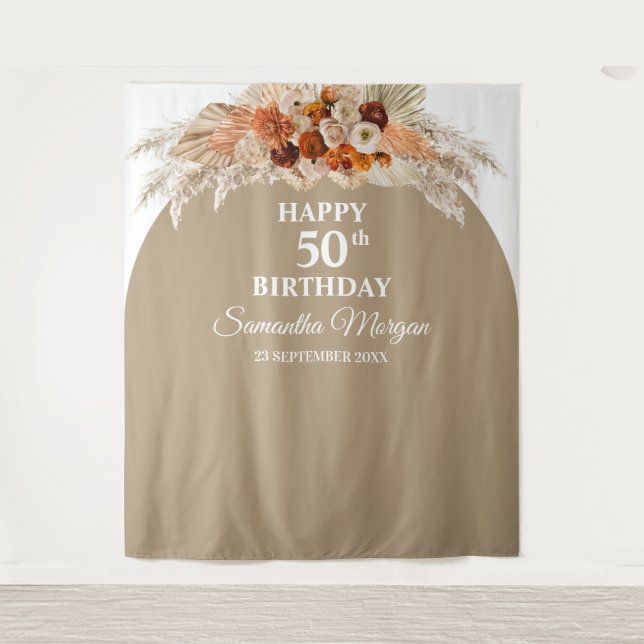 Tapiz Fondo de cumpleaños de palma de hierba de pampas t (Anverso)