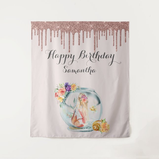 Tapiz Fondo de Cumpleaños de Sirena de Oro Rosa Cabina d (Anverso)