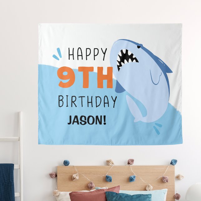 Tapiz Fondo de cumpleaños de tiburón personalizado para  (Shark Custom Kids 9th Birthday Backdrop
)