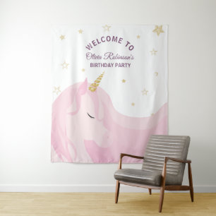 Tapiz Fondo de cumpleaños de Unicornio de oro rosa mágic