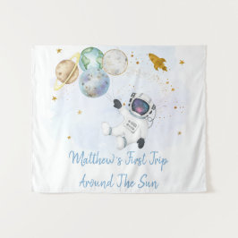 Tapiz Fondo de cumpleaños espacial Astronauta Azul Dorad