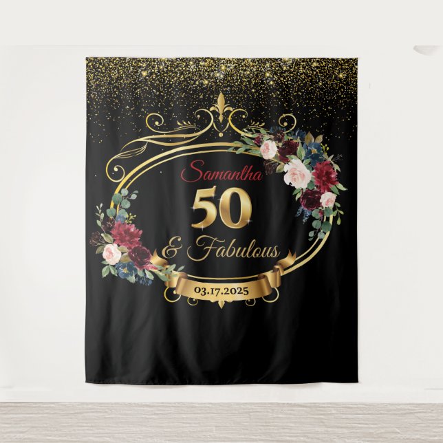 Tapiz Fondo de cumpleaños floral de Burgundy y Navy con  (Anverso)