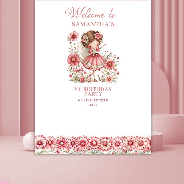 Tapiz Fondo de Cumpleaños Floral Rosa Hada Lindo Caprich (Whimsy Cute Fairy Pink Floral 1st Birthday Backdrop)