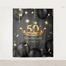 Tapiz Fondo de cumpleaños negro dorado elegante moderno