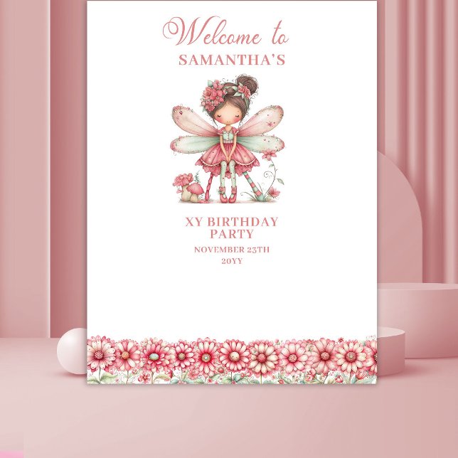 Tapiz Fondo de Cumpleaños Número 2 de Flores de Hada Ros (Whimsical Pink Fairy Flowers 2nd Birthday Backdrop)