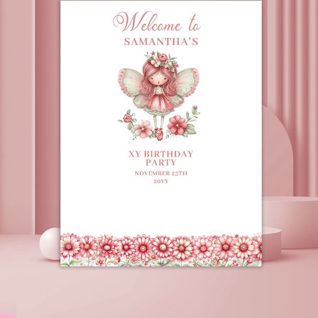 Tapiz Fondo de Cumpleaños Número 5 Fantasía Floral Hada  (Whimsy Floral Fairy Pink 5th Birthday Backdrop)