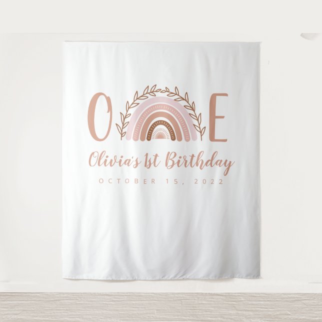 Tapiz Fondo de cumpleaños número uno arcoíris boho de te (Anverso)