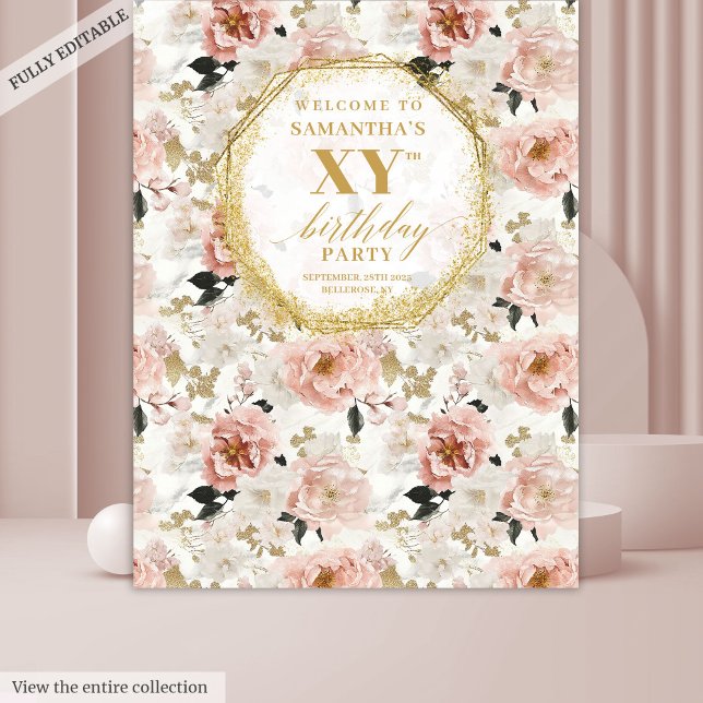 Tapiz Fondo de Cumpleaños Rosa Polvo Elegante con Marfil (Graceful Dusty Pink Ivory Gold Birthday Backdrop

)