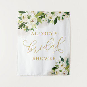 Tapiz Fondo de ducha de novia floral blanca y dorada