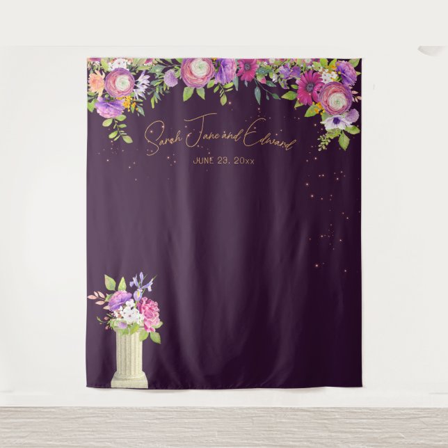 Tapiz Fondo De Eggplant Floral Bridal Photo Booth (Anverso)