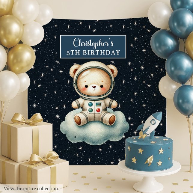 Tapiz Fondo de fiesta de astronauta de peluche lindo par (Cute Teddy Astronaut Party Backdrop for Boys)