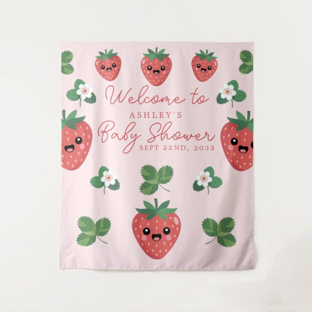 Tapiz Fondo de Fiesta de Bienvenida de Fresa Kawaii para (Anverso)
