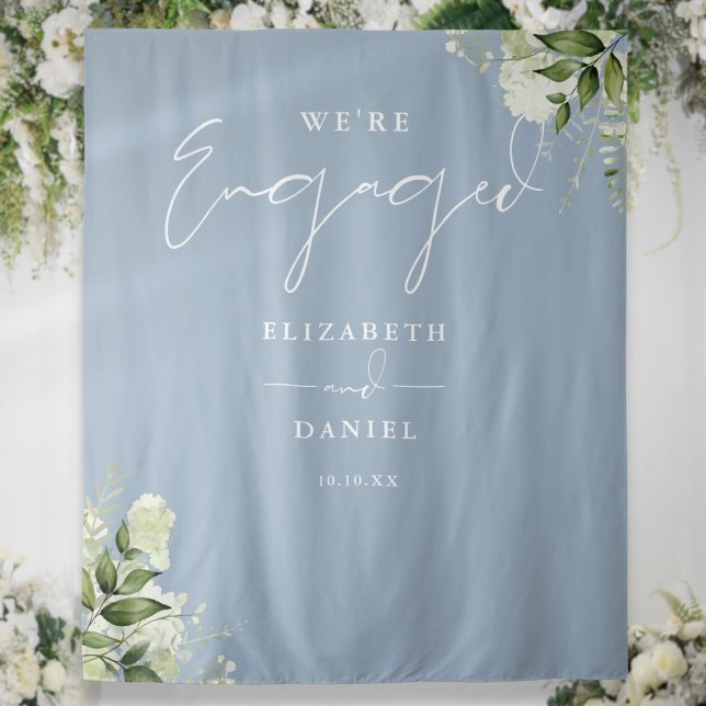 Tapiz Fondo de fiesta de compromiso de verde azul polvor (Greenery Dusty Blue Engagement Party Backdrop)