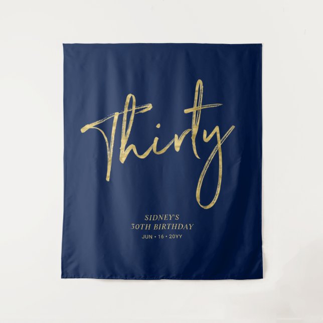 Tapiz Fondo de fiesta de cumpleaños 30 Gold & Navy Blue (Anverso)
