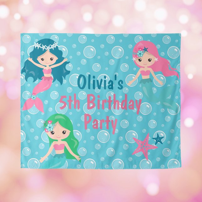 Tapiz Fondo de fiesta de cumpleaños de Sirena personaliz (Mermaid Birthday Party Backdrop Personalized
)