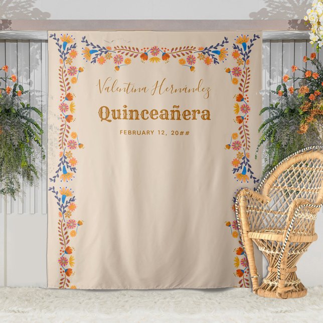 Tapiz Fondo de fiesta de Quinceañera con flores mexicana (Subido por el creador)