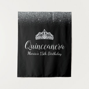 Tapiz Fondo de fiesta de Quinceañera negro y plateado co