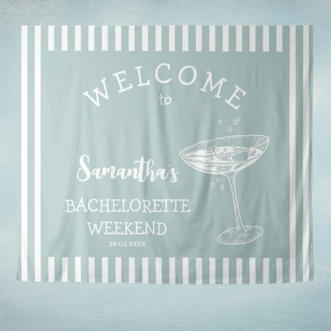 Tapiz Fondo de fiesta de soltera beige moderno retro (Coastal Modern Bachelorette Party Backdrop Tapestry in nautical light blue and white stripes )