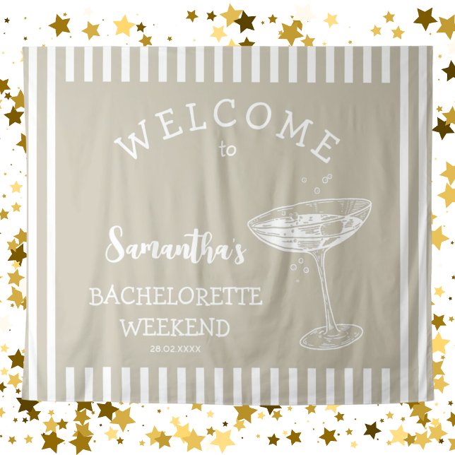 Tapiz Fondo de fiesta de soltera beige moderno retro (Retro Modern Bachelorette Party Backdrop Tapestry in neutral and simple beige and white stripes)