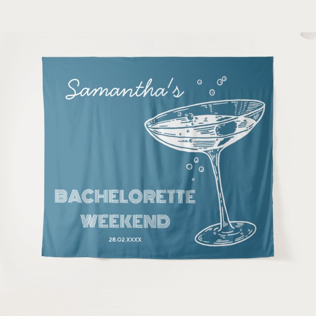 Tapiz Fondo de fiesta de soltera retro boho azul teal (Anverso (horizontal))