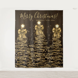 Tapiz Fondo de fiesta Gold Christmas Trees con lazos