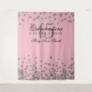Tapiz Fondo de fiesta Quinceañera Confeti Rosa Plateado