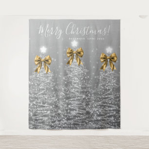 Tapiz Fondo de fiesta Silver Christmas Trees con lazos d
