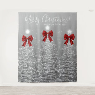 Tapiz Fondo de fiesta Silver Christmas Trees Red Bows