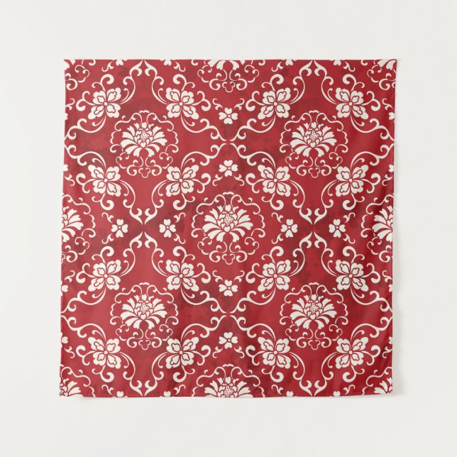 Tapiz Fondo de flores de espiral roja china. (Anverso)