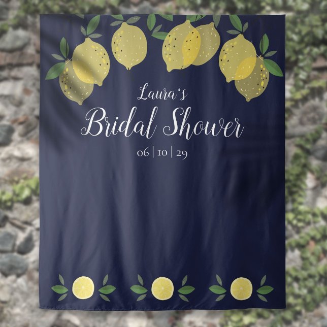 Tapiz Fondo de foto de Baby Shower de limones azul marin (Lemons Navy Blue Bridal Shower Photo Backdrop)
