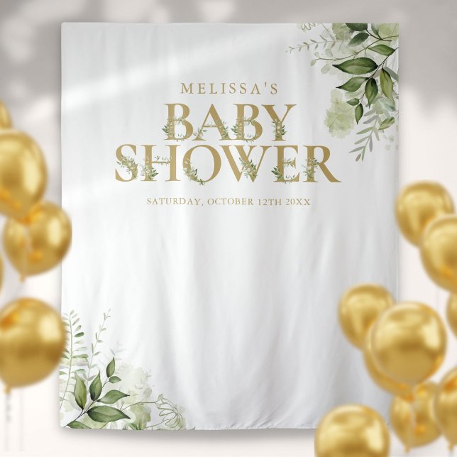 Tapiz Fondo de Foto de Baby Shower Greenery Gold (Greenery Gold Baby Shower Photo Backdrop)