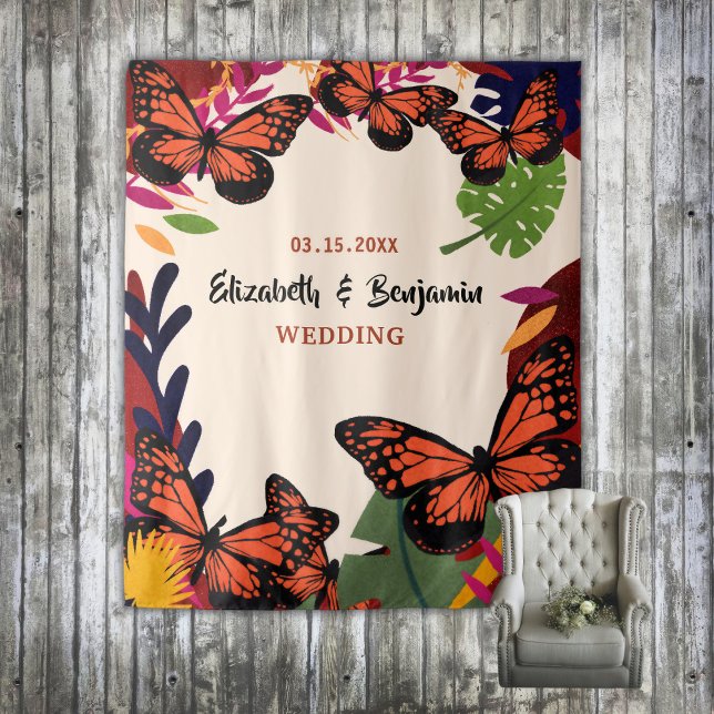 Tapiz Fondo de foto de boda con mariposas florales de la (Wedding Floral Butterflies Nature Photo Backdrop)