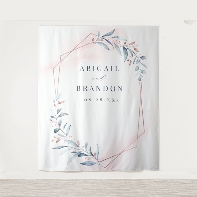 Tapiz Fondo de foto de boda Rose Gold Blue Greenery (Anverso)