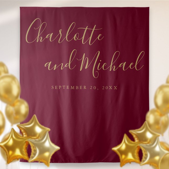 Tapiz Fondo de foto de Borgoña y Boda de oro (Burgundy and Gold Wedding Photo Booth Backdrop)
