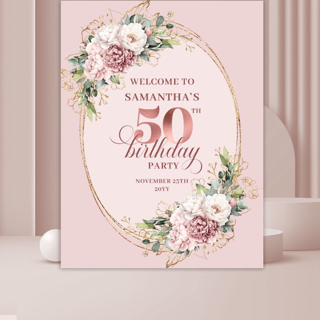 Tapiz Fondo de foto de cumpleaños número 50 con flores r (Dreamy Blush Floral 50th Birthday Photo Backdrop)