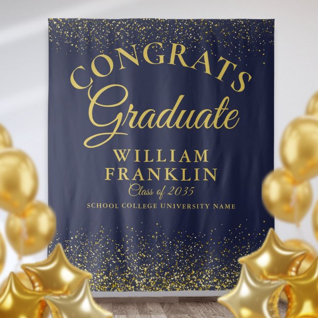 Tapiz Fondo de foto de graduación de Purpurina de la Mar (Navy Blue Gold Glitter Graduation Photo Backdrop)