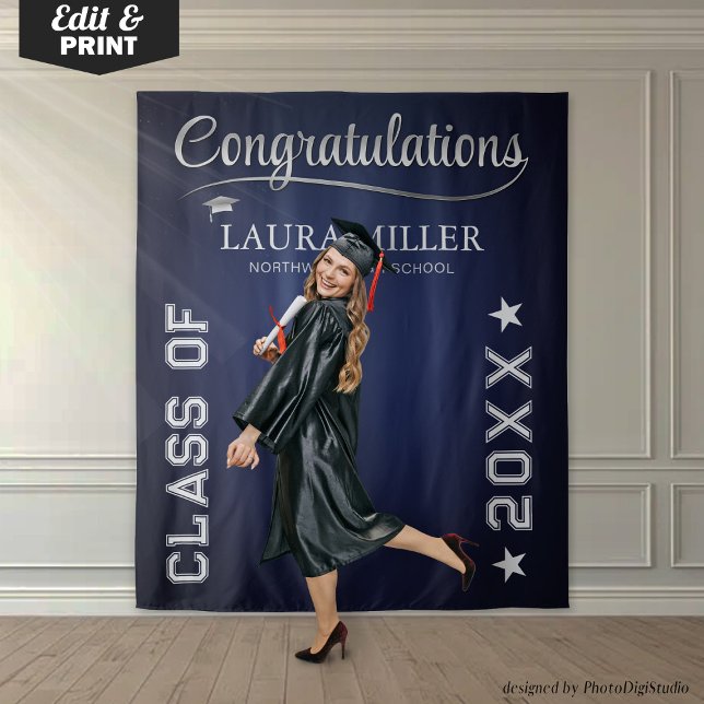 Tapiz Fondo de foto de graduación editable en azul marin (Editable Navy & Silver Graduation Photo Backdrop)