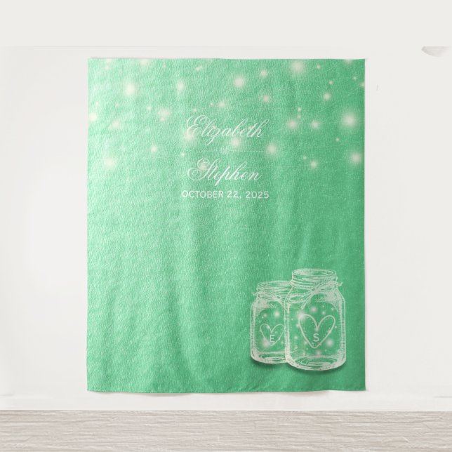 Tapiz Fondo de foto del boda Mason Jars Green Gold (Anverso)