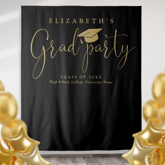 Tapiz Fondo De Foto Del Partido De La Graduación Negra Y (Black And Gold Graduation Party Photo Backdrop)