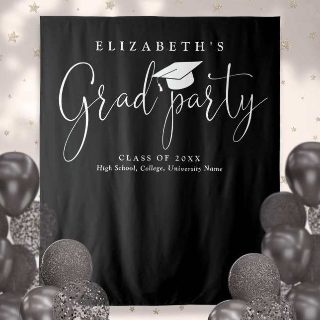 Tapiz Fondo De Foto Del Partido De La Graduación Negra Y (Black And White Graduation Party Photo Backdrop)