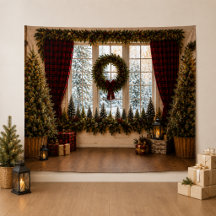 Fondo de foto familiar de Navidad con ventana de c