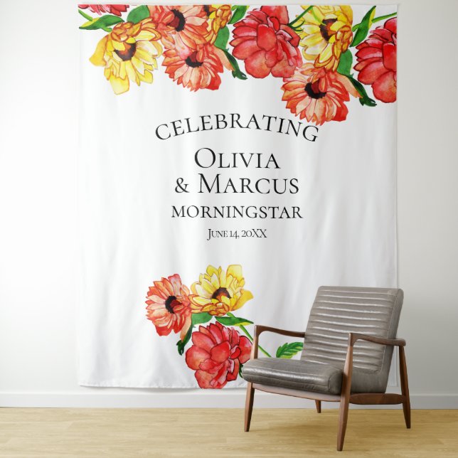 Tapiz Fondo de foto floral rojo y amarillo acuarela (In situ)