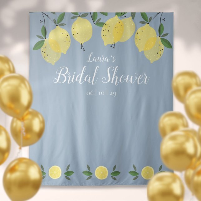 Tapiz Fondo de Foto para Despedida de Soltera de Limones (Dusty Blue Lemons Bridal Shower Photo Backdrop)