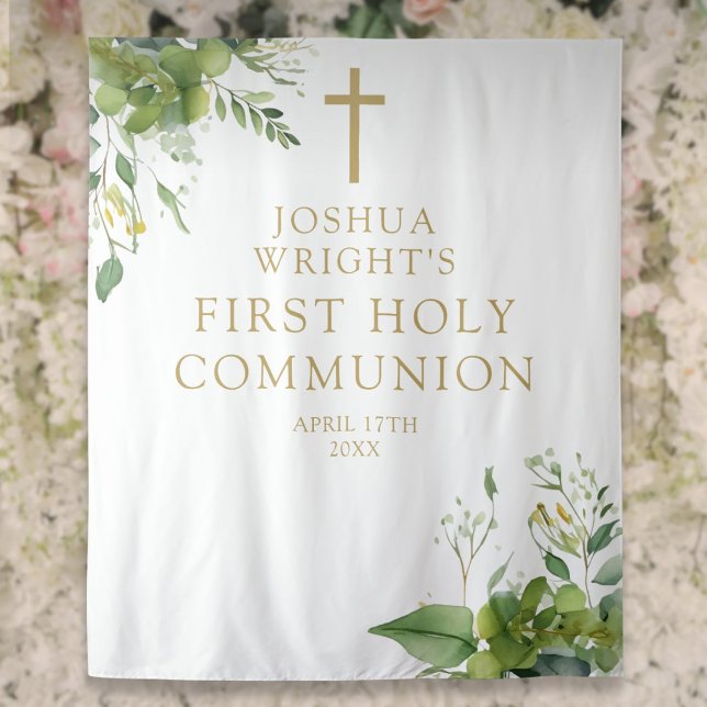 Tapiz Fondo de foto para Primera Comunión con vegetación (Greenery First Holy Communion Photo Backdrop)